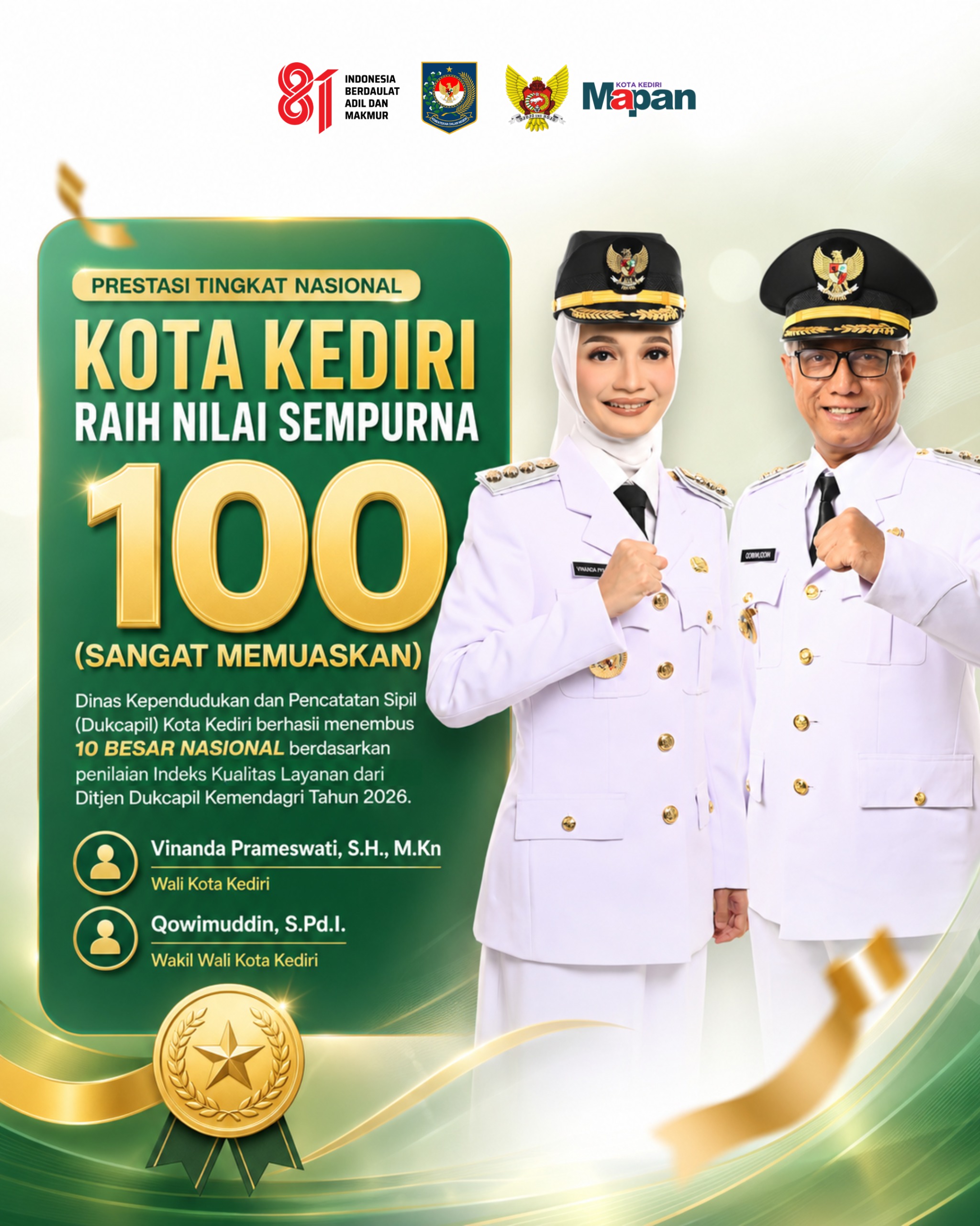 INDEKS KEPUASAN LAYANAN (IKL) DISDUKCAPIL KOTA KEDIRI MASUK 10 BESAR NASIONAL